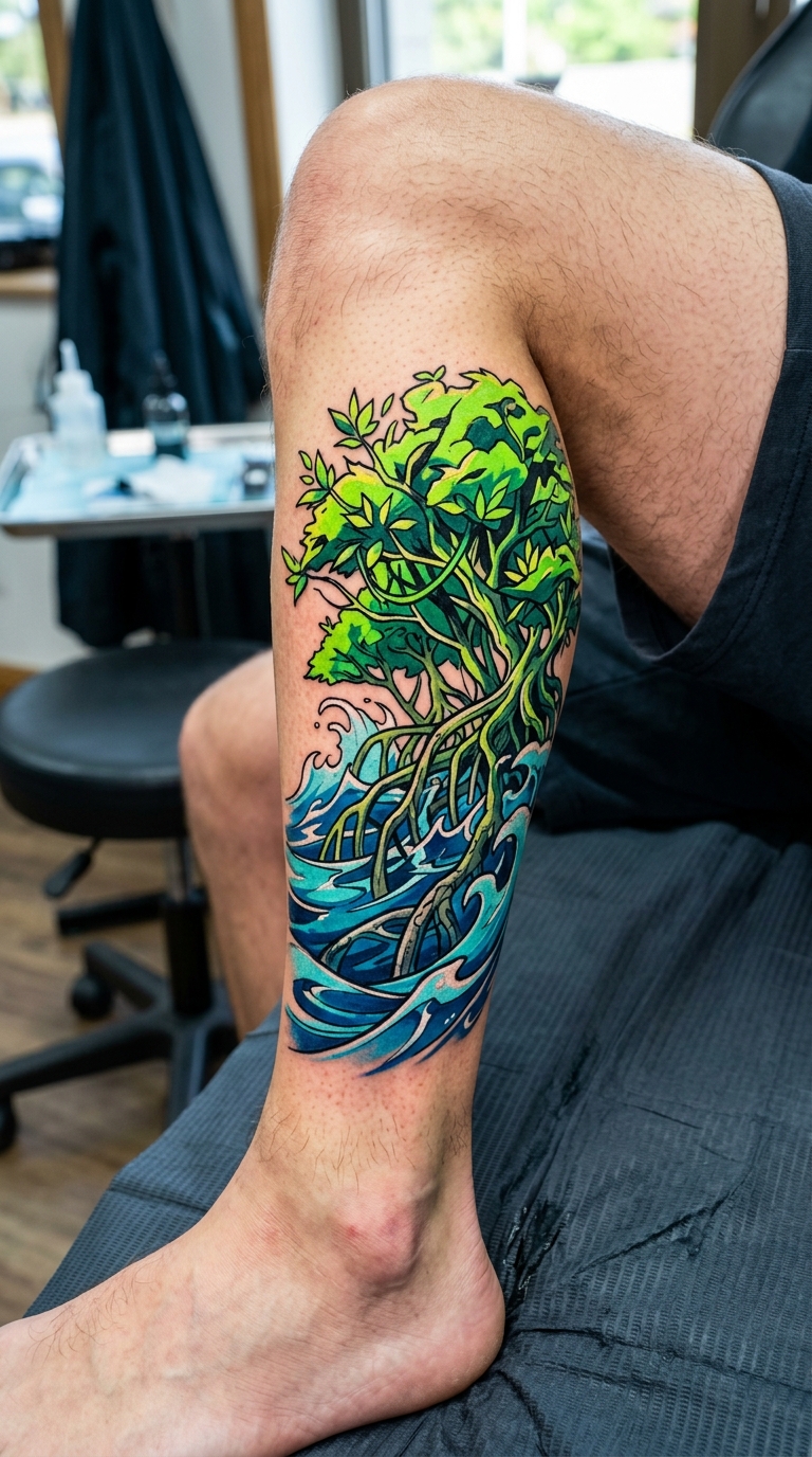 Mangrovenwald als Anime Tattoo Idee für das Bein