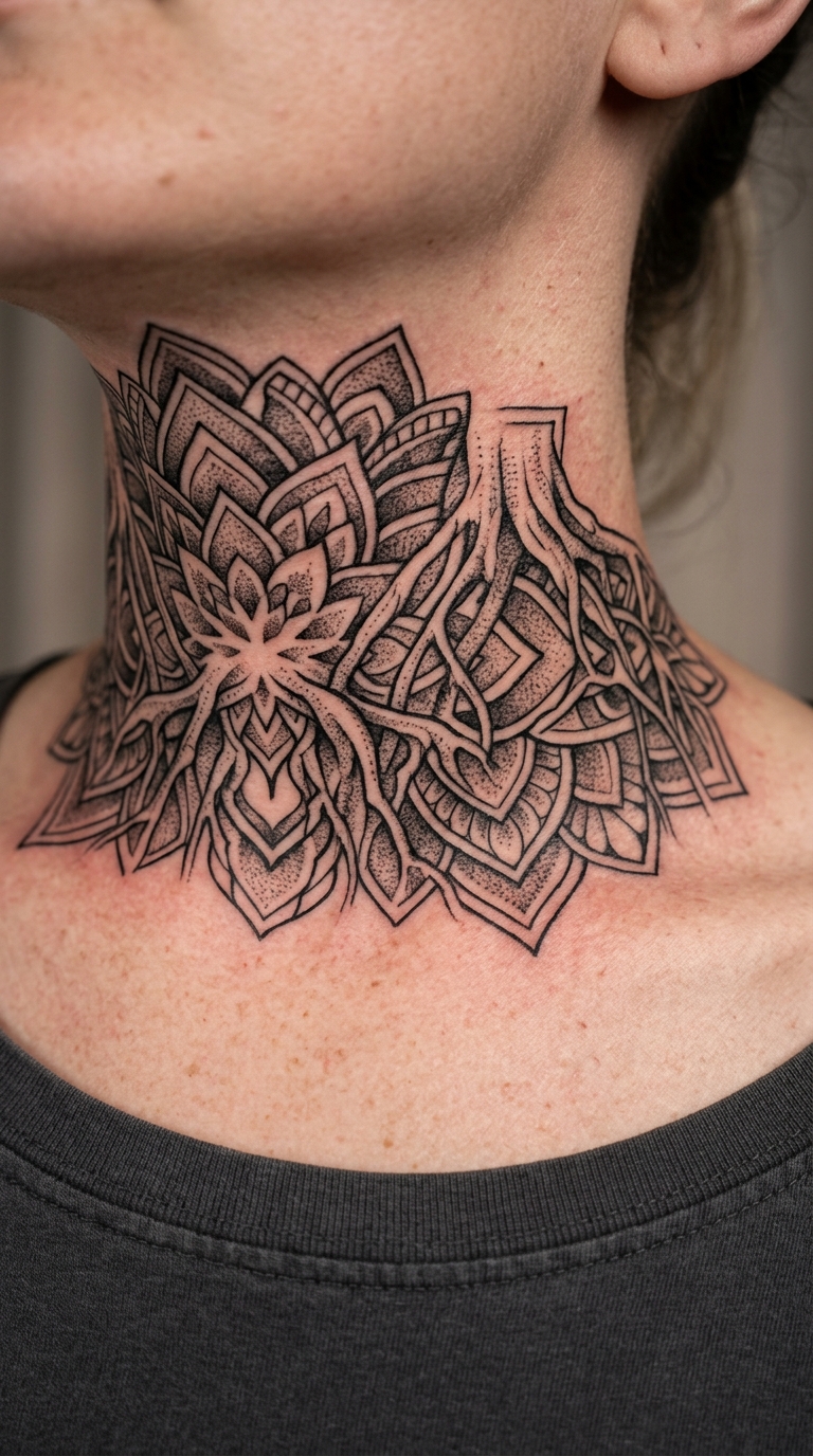 Mangrovenwald als Mandala Tattoo für den Hals