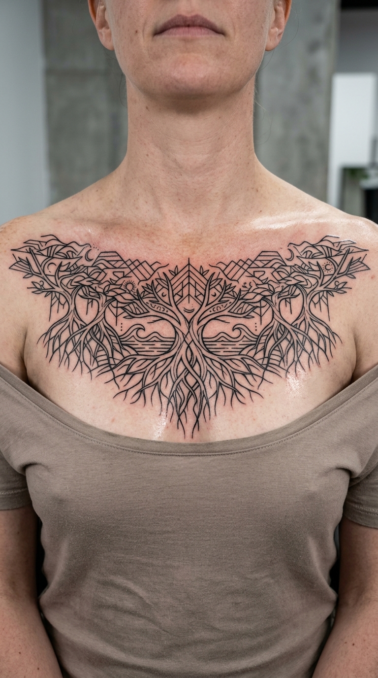 Mangrovenwald als mystisches Zeichen Tattoo für Brust & Oberkörper