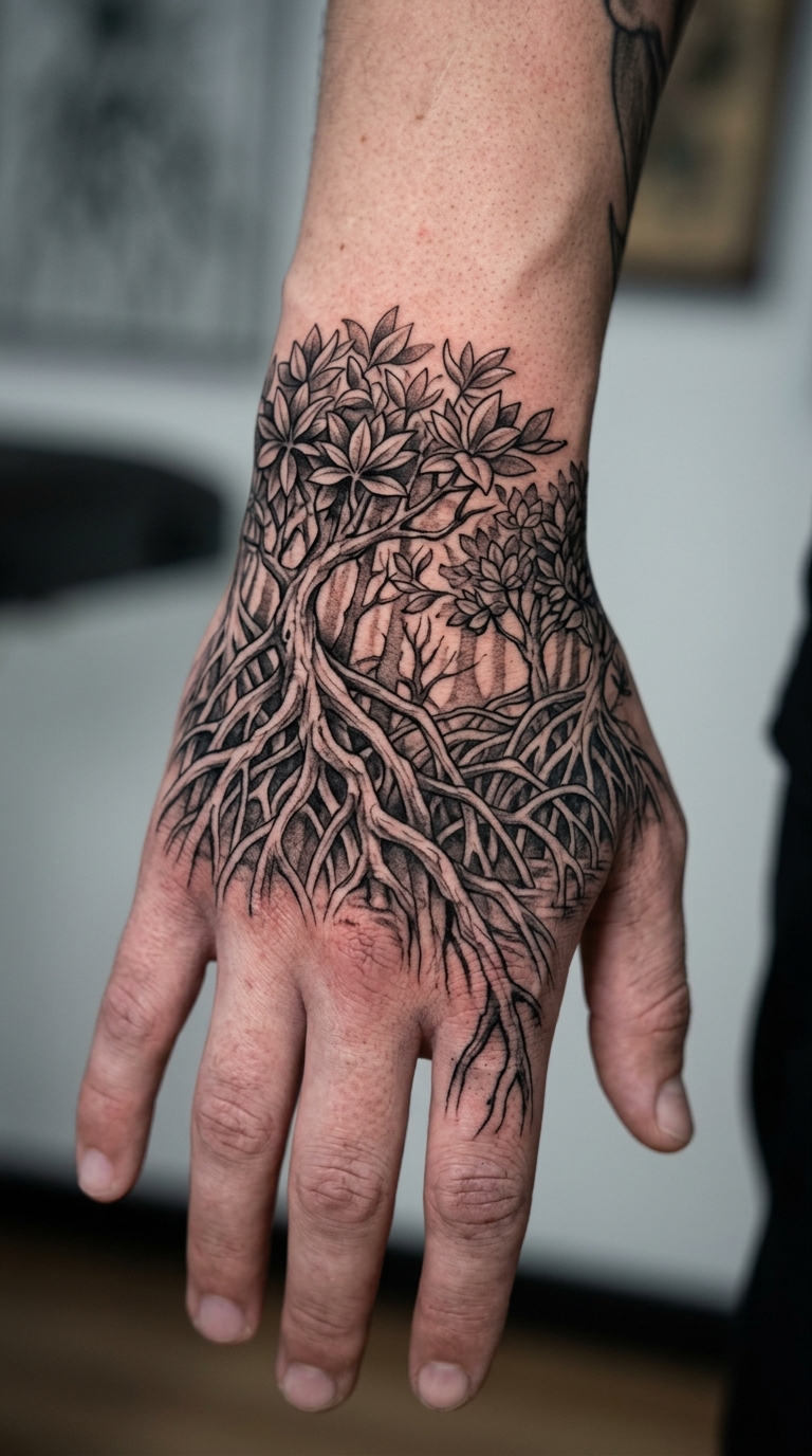 Mangrovenwald als Realistic Tattoo Idee für die Hand