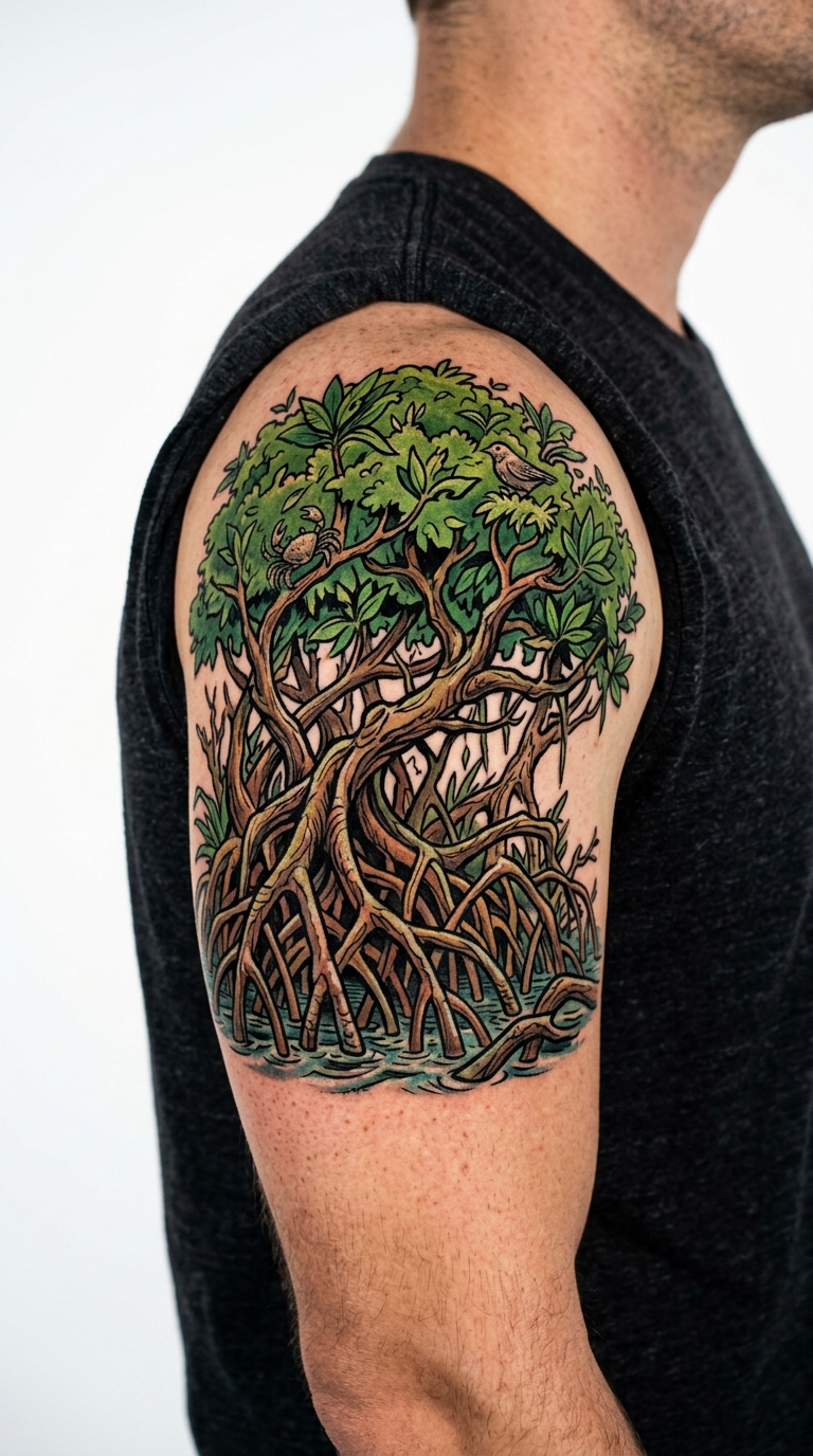 Mangrovenwald Tattoo Vorlage im Comic Stil für die Schulter