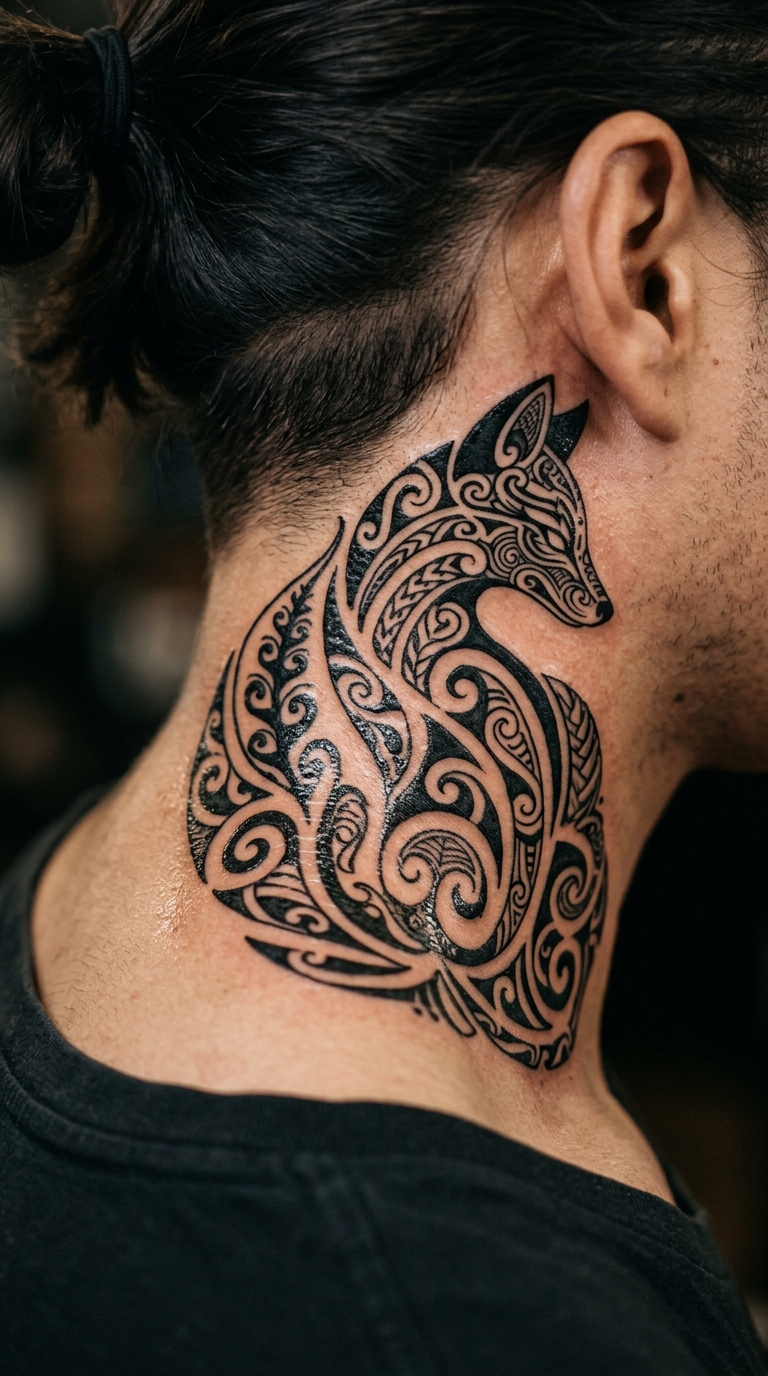 Maori Tattoo mit Fuchs und Farn als Vorlage für den Hals