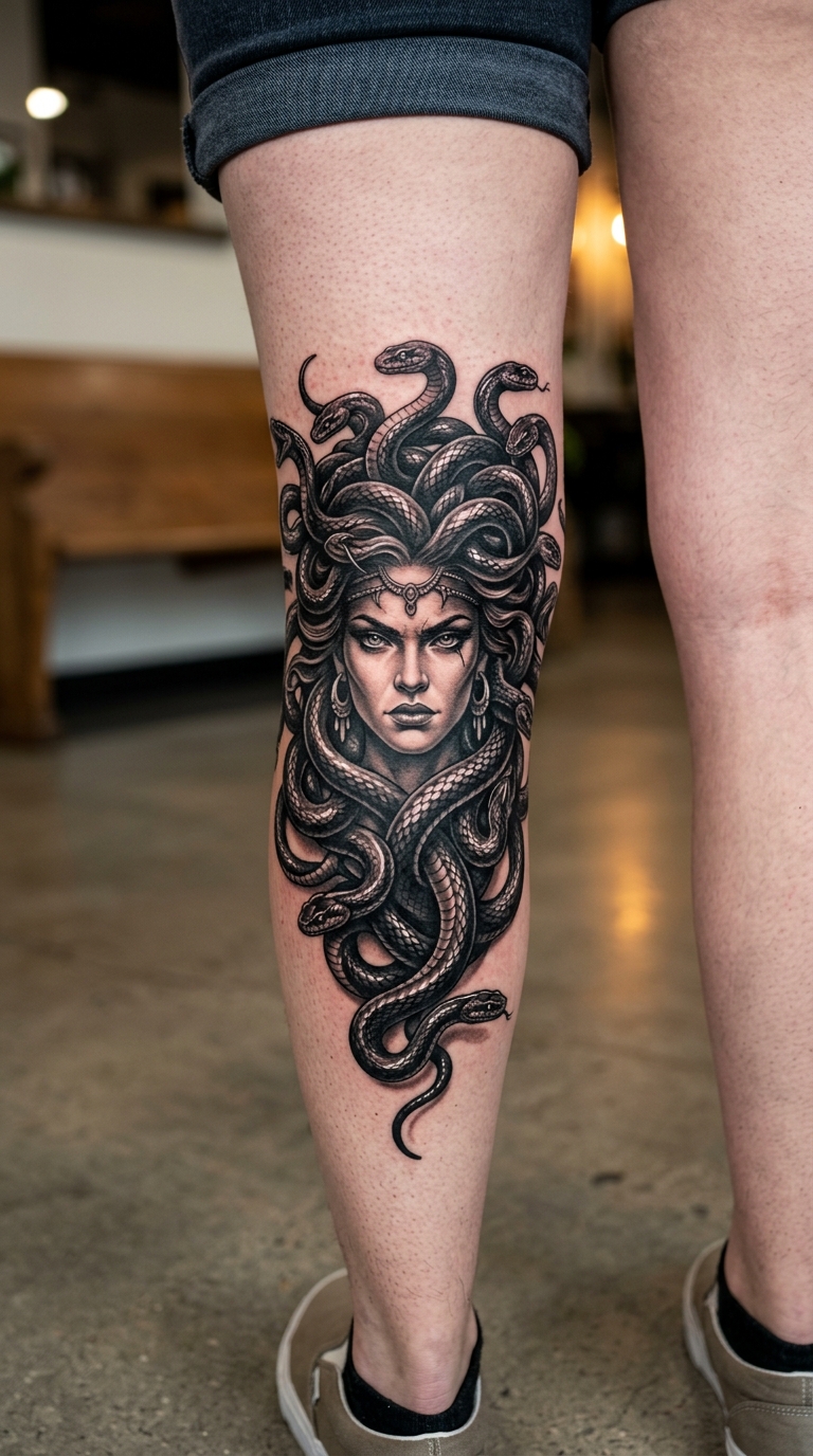 Medusa als 3D Tattoo Idee für die Kniekehle