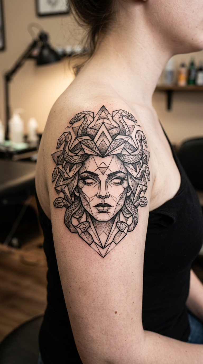 Medusa als geometrisches Tattoo für die Schulter