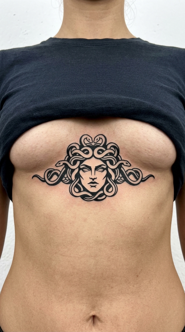 Medusa Kopf als grafisches Zeichen Tattoo für den Underboob