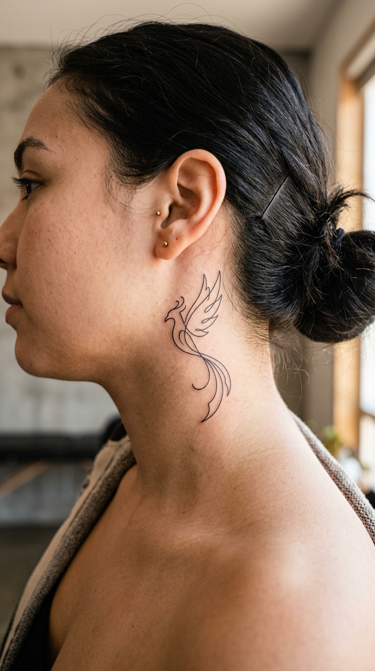Minimalistischer Phönix als kleines Tattoo für den Hals