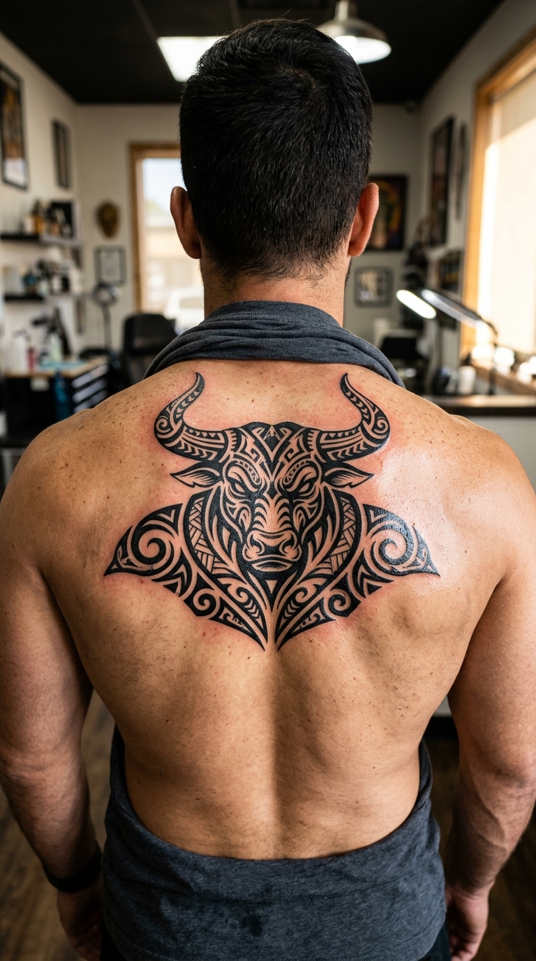 Minotaurus als ausdrucksstarkes Tribal Tattoo für den Rücken