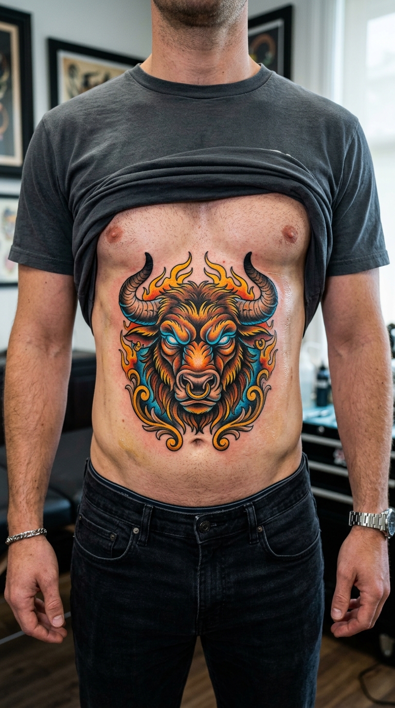 Minotaurus als Oldschool und Newschool Tattoo für den Bauch