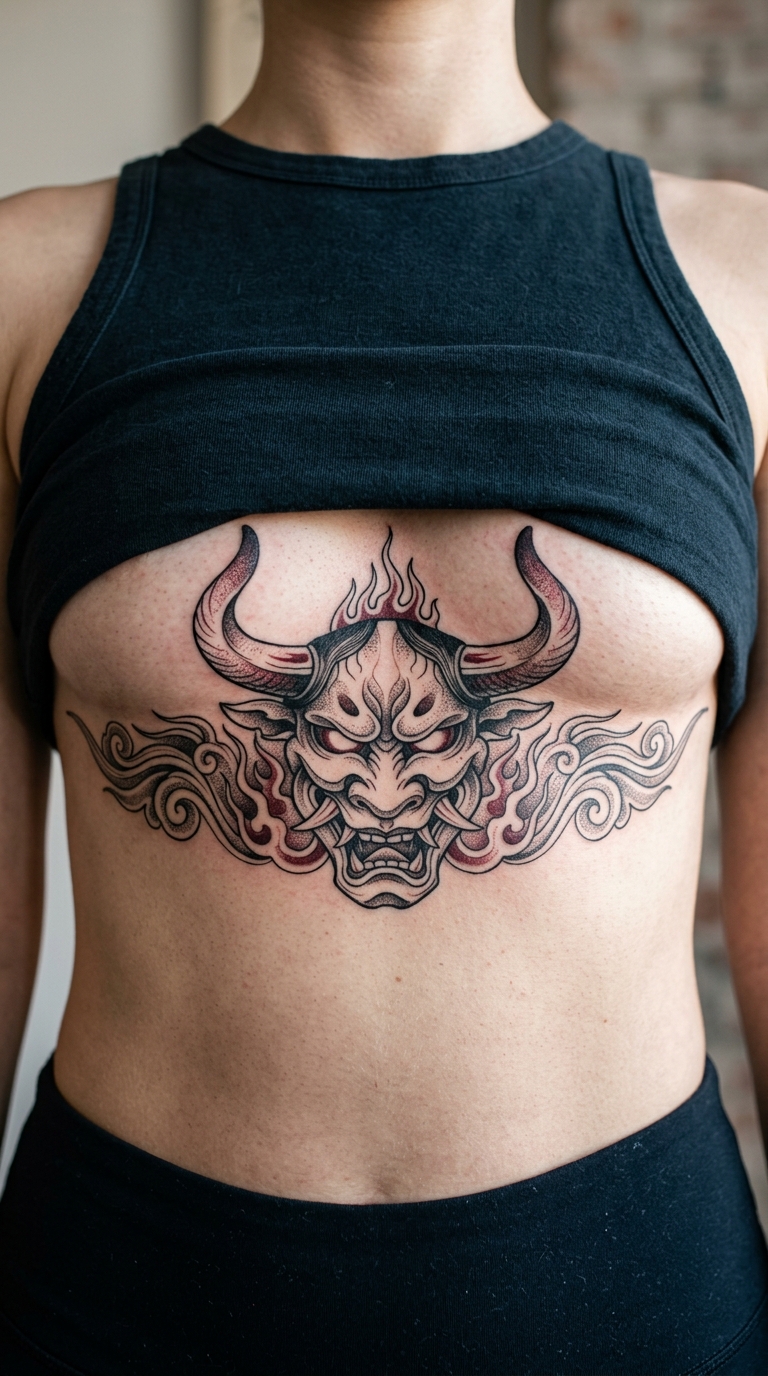 Minotaurus Tattoo Idee im japanischen Stil für den Underboob
