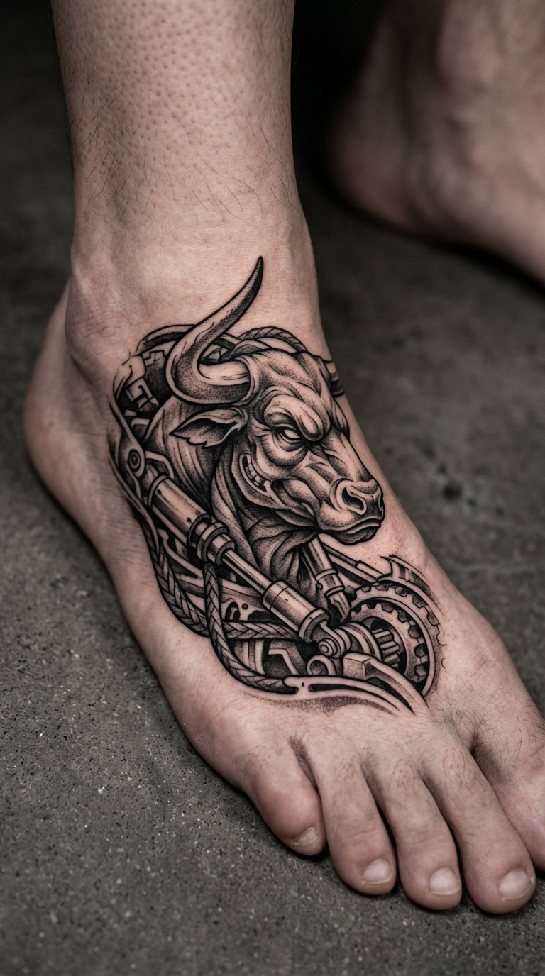 Minotaurus Tattoo Vorlage im biomechanischen Stil für den Fuß