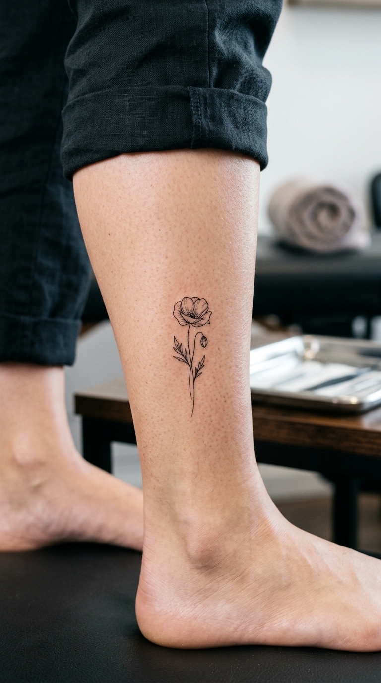 Mohnblume als filigranes Tattoo für das Bein