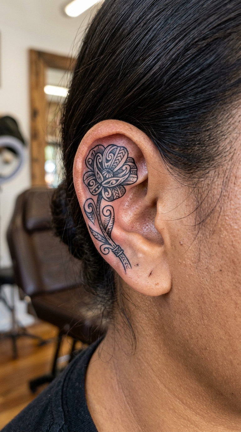 Mohnblume als Maori Tattoo für das Ohr