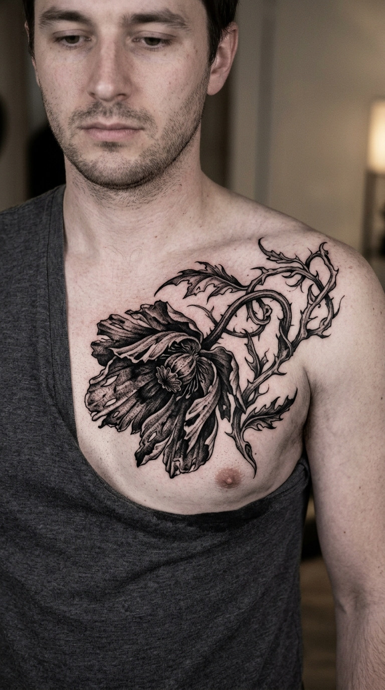 Mohnblume als morbide Horror Tattoo Idee für Brust & Oberkörper