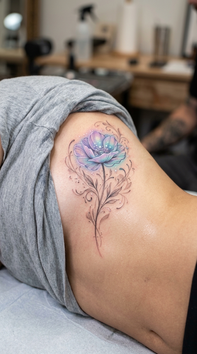 Mohnblume als mystisches Fantasy Tattoo für die Rippen