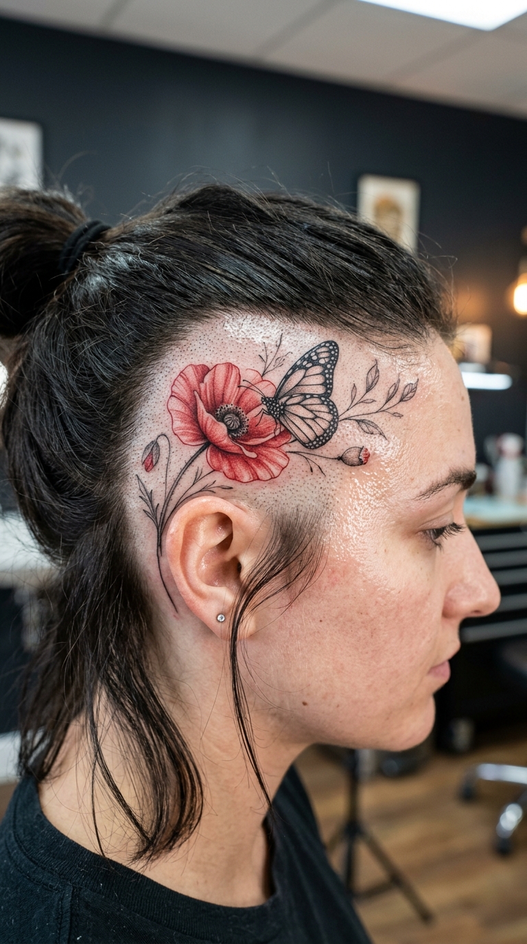 Mohnblume mit Schmetterling Tattoo Idee für den Kopf