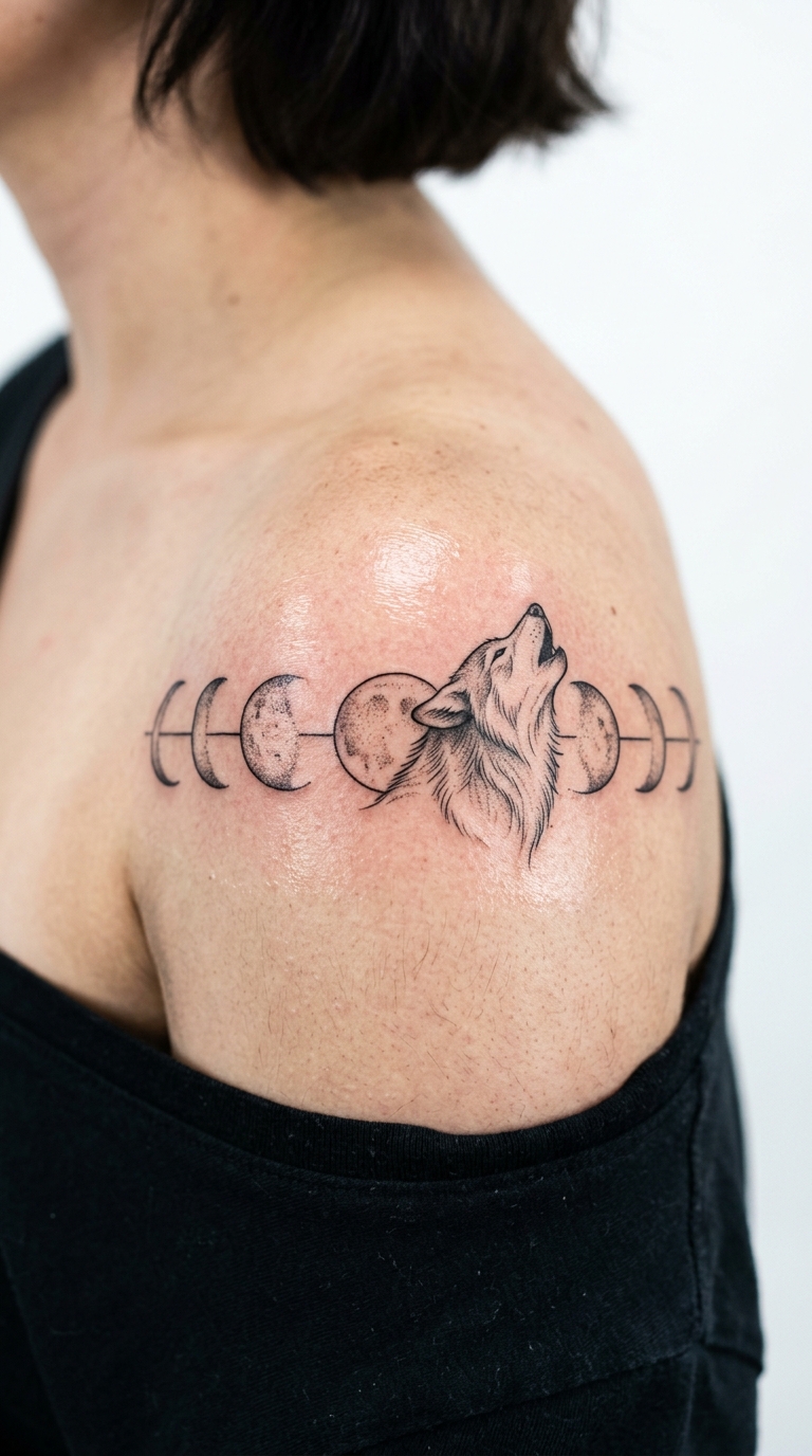 Mondphasen mit Wolf als Tier Tattoo Vorlage für die Schulter