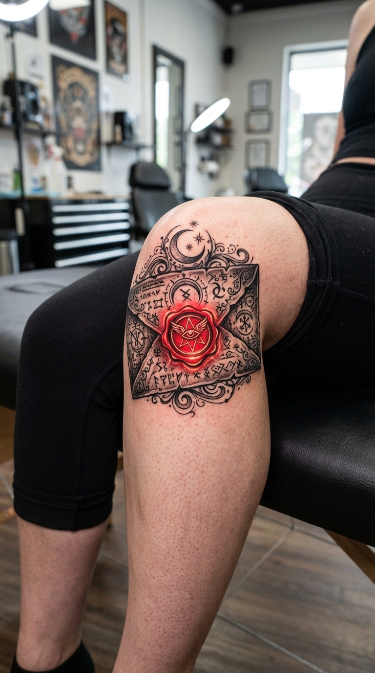 Mystischer Briefumschlag als Fantasy Tattoo für die Kniekehle