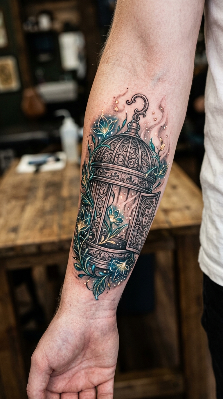 Mystischer Vogelkäfig als Fantasy Tattoo für den Unterarm