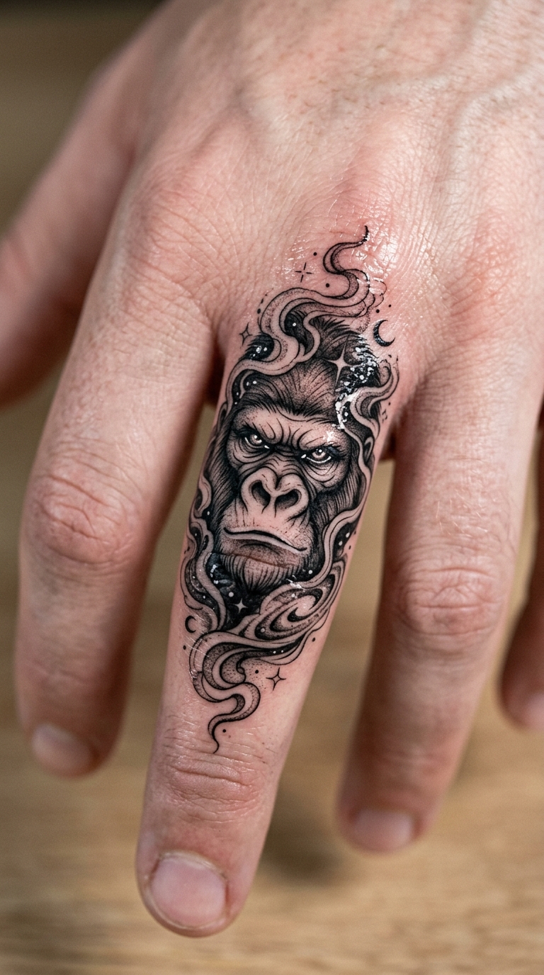 Mystisches Gorilla Portrait als Tattoo Vorlage für den Finger