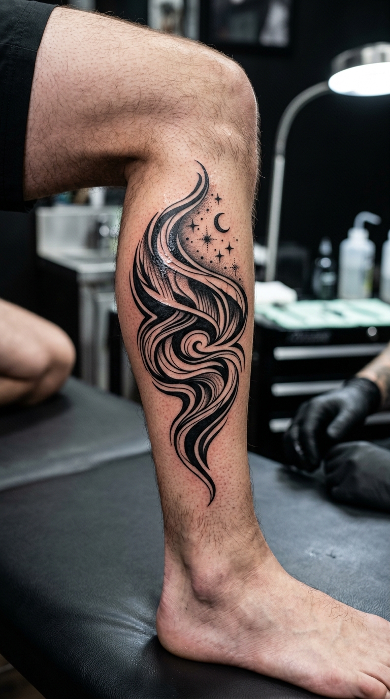 Nordlicht als ausdrucksstarkes Blackwork Tattoo für das Bein
