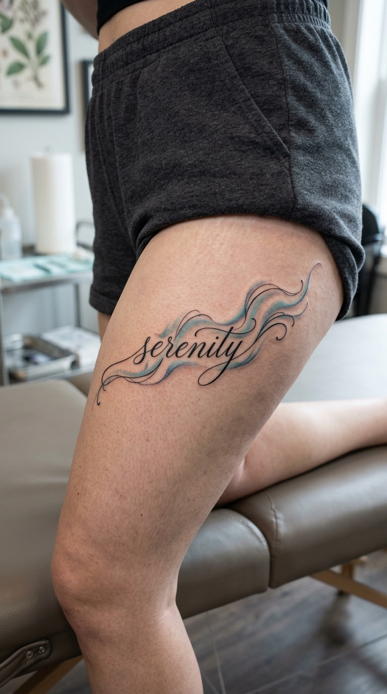 Nordlicht als fließendes Schrift Tattoo Idee für den Oberschenkel