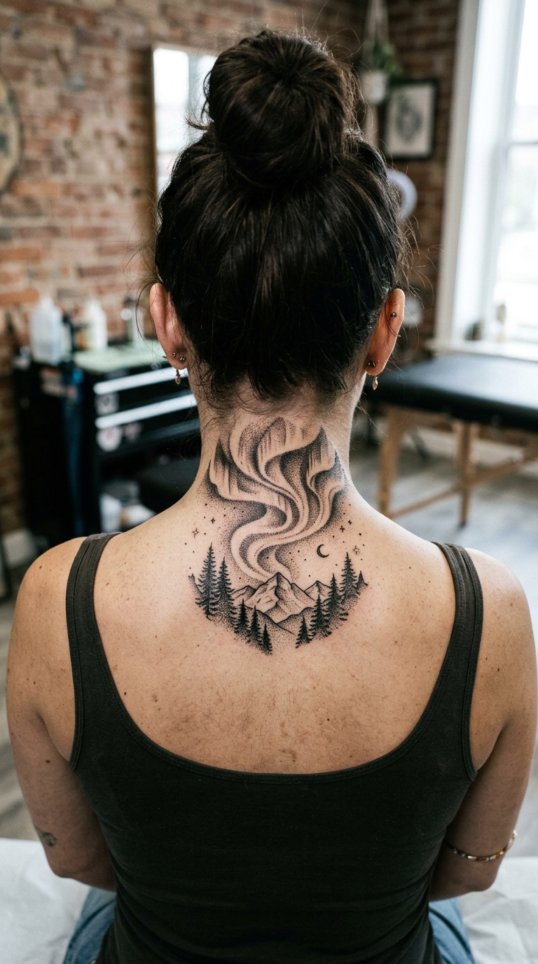 Nordlicht Tattoo Idee für den Nacken