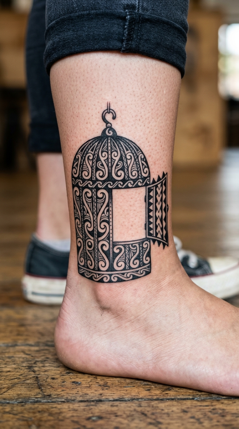 Offener Vogelkäfig als Maori Tattoo Idee für den Knöchel