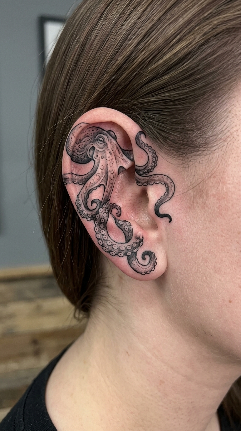 Oktopus Tattoo Idee für das Ohr