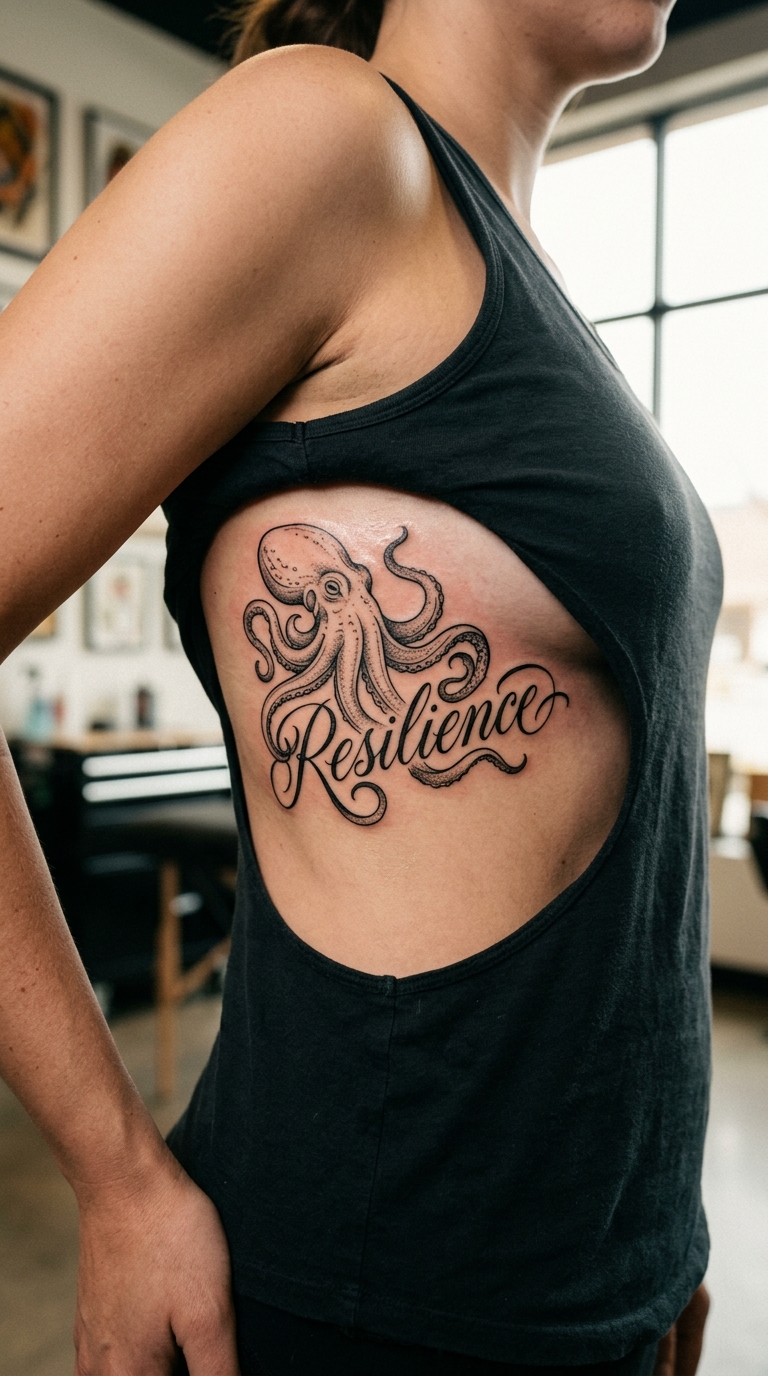 Oktopus Tentakel als fließendes Schrift Tattoo für die Rippen