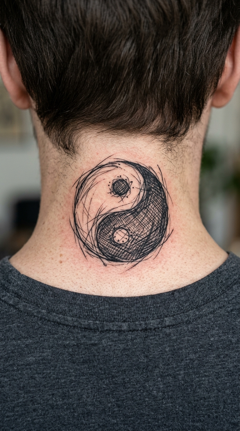 Organisches Yin Yang als kreuz und quer Tattoo für den Nacken