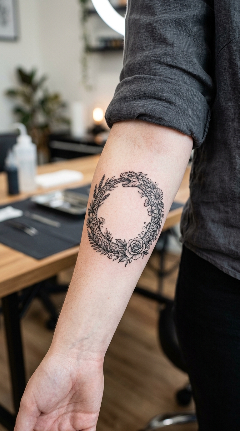 Ouroboros als florale Tattoo Idee für den Arm