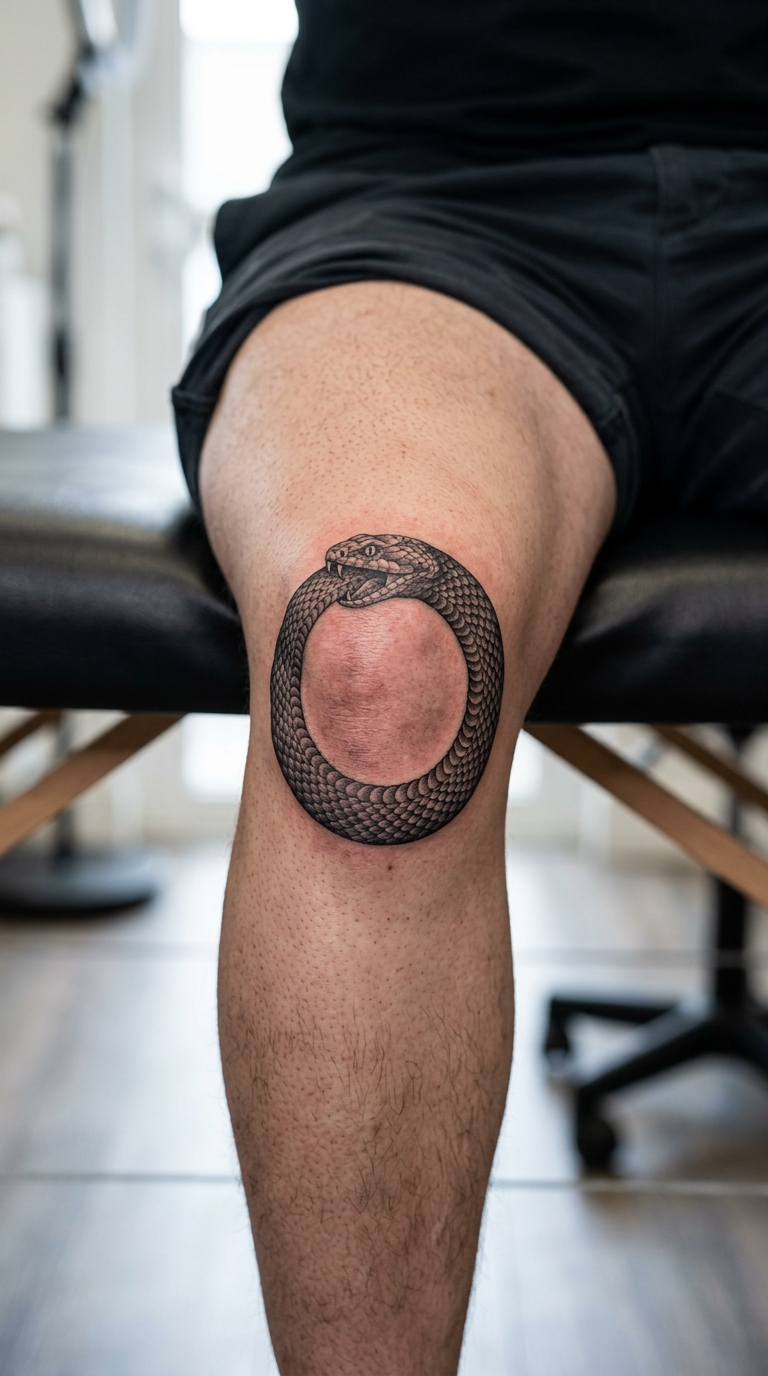 Ouroboros als Realistic Tattoo für die Kniekehle