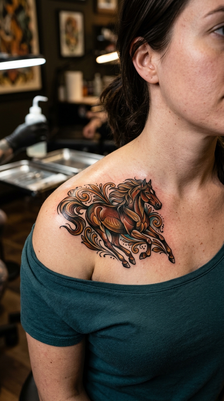 Pferd im Galopp als Neo Traditional Tattoo für das Schlüsselbein