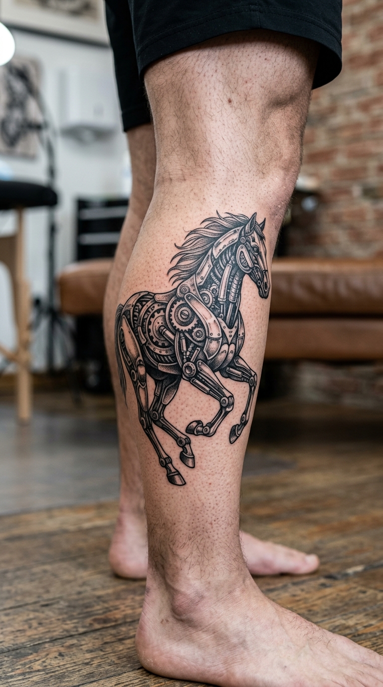 Pferd in Bewegung als biomechanisches Tattoo für das Bein