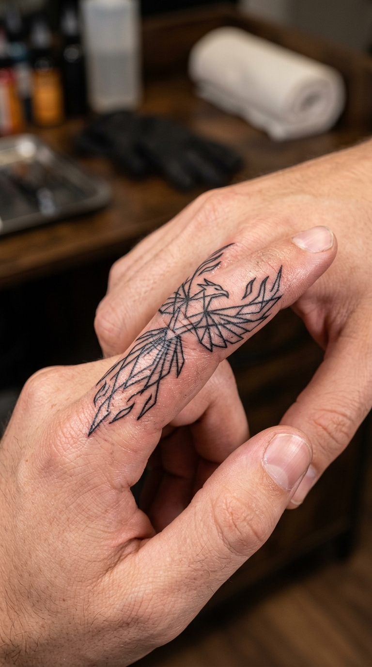 Phönix Tattoo Idee als kreuz und quer Design für den Finger