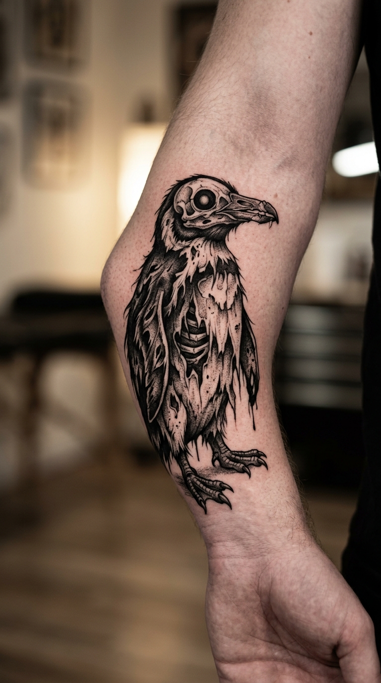 Pinguin als düsteres Horror Tattoo für den Arm