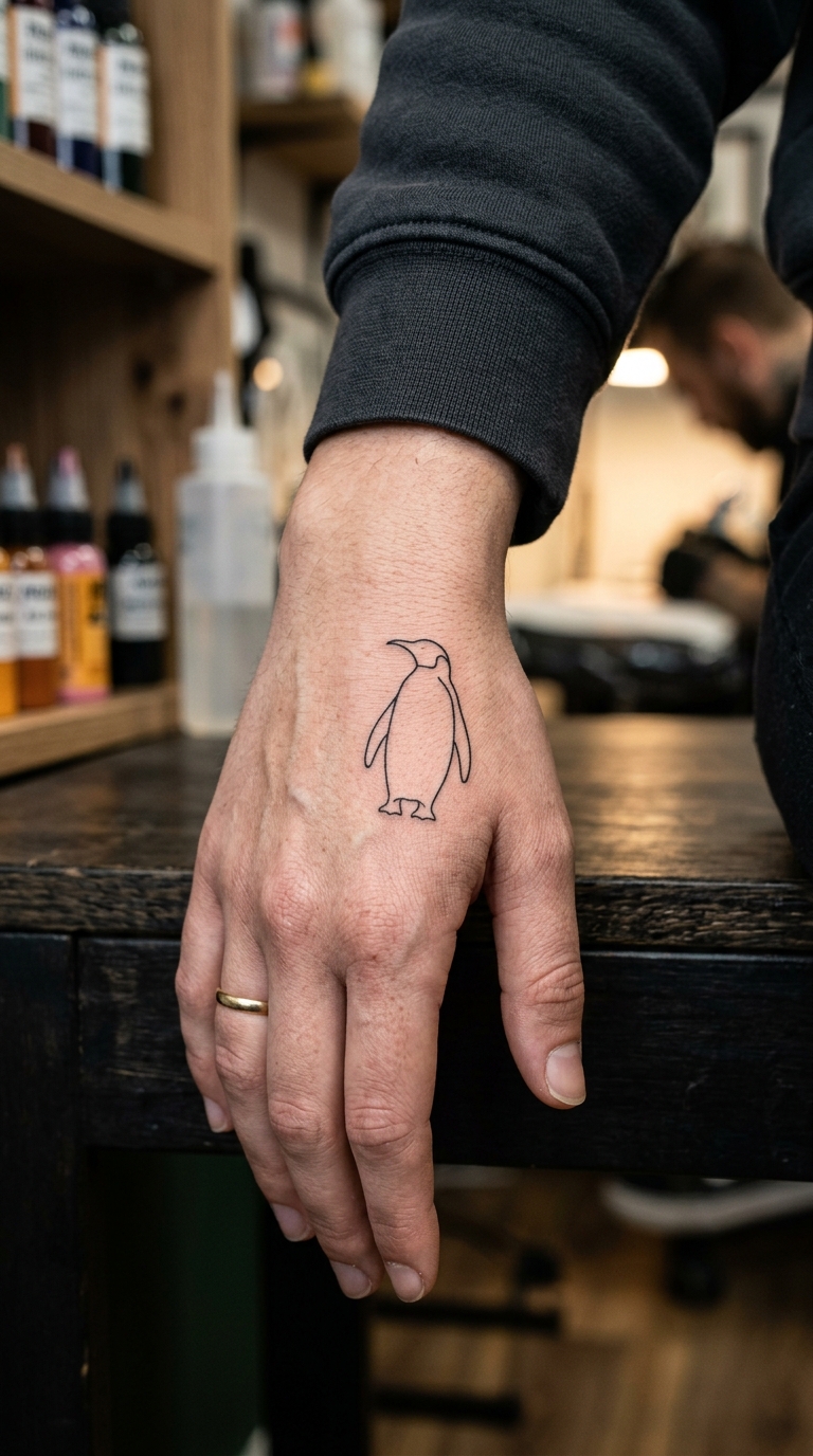 Pinguin als Fineline Tattoo für die Hand
