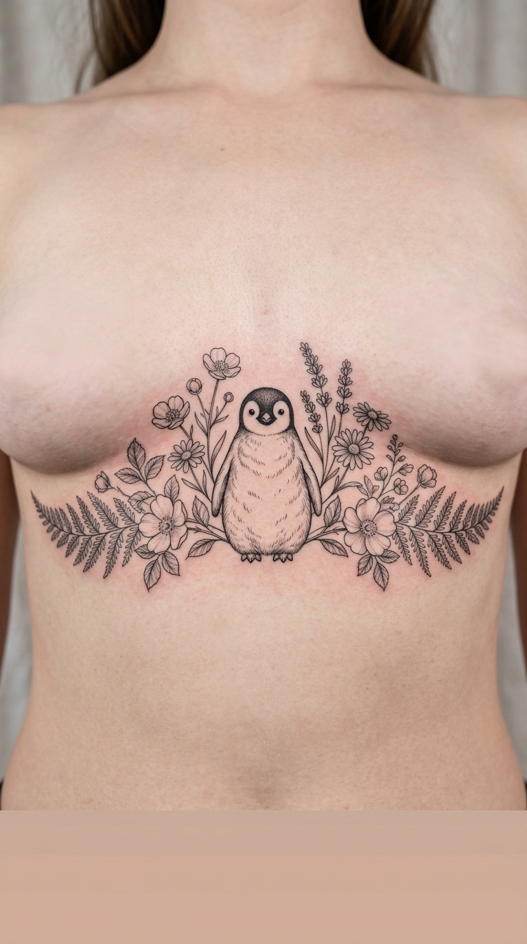 Pinguin als florale Tattoo Idee für den Underboob