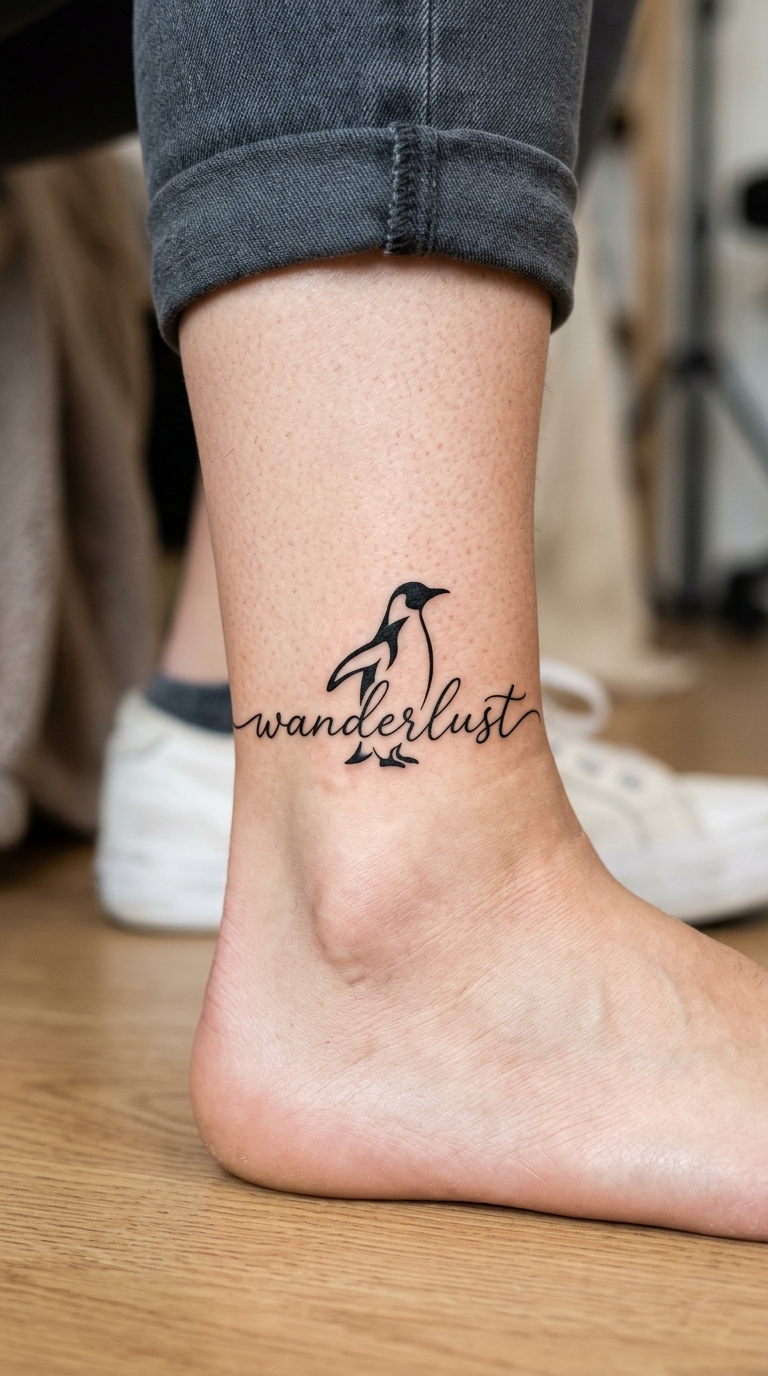 Pinguin als kunstvolles Schrift Tattoo für den Knöchel