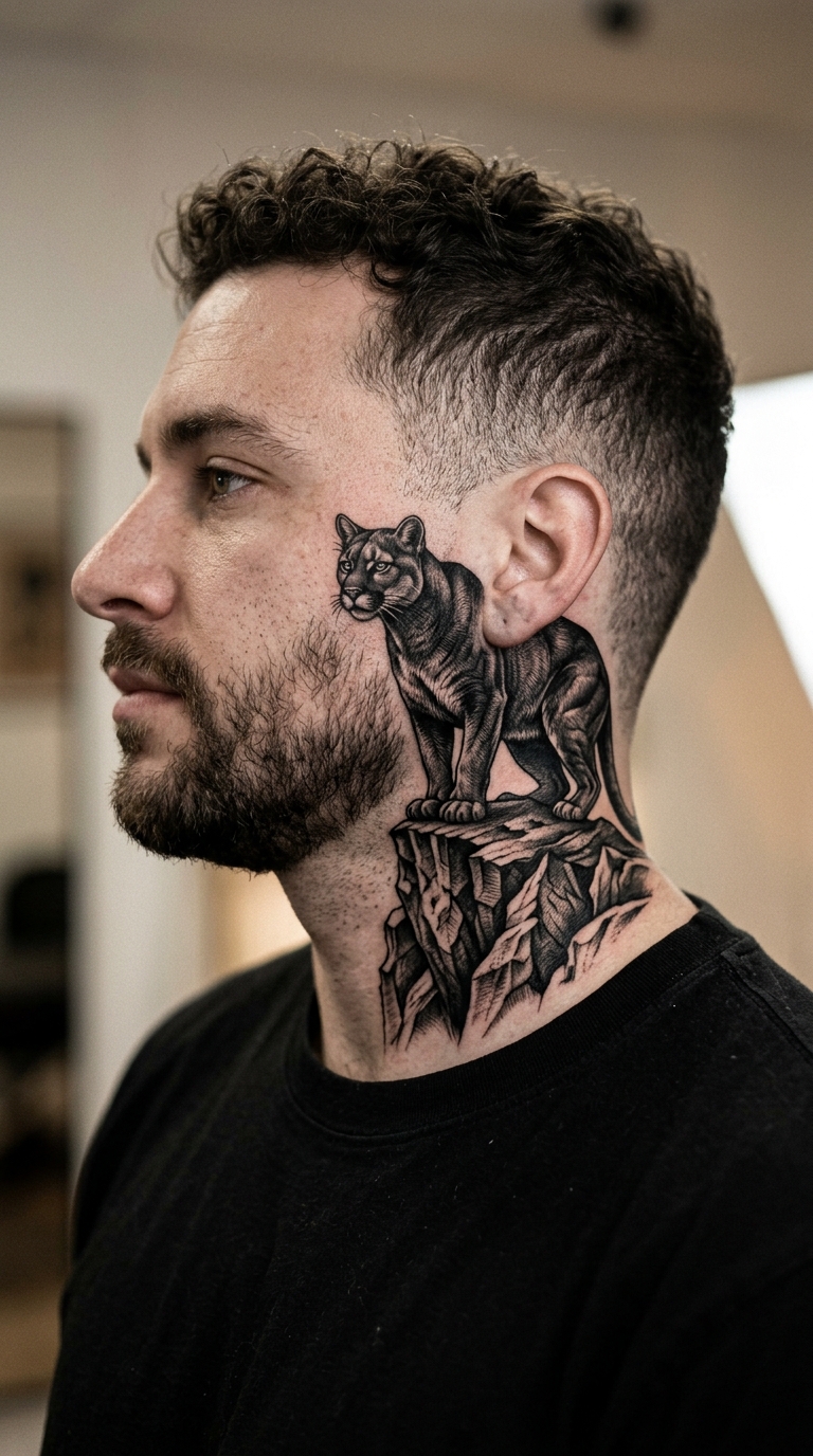 Puma auf Felsen als Cover up Tattoo für den Kopf