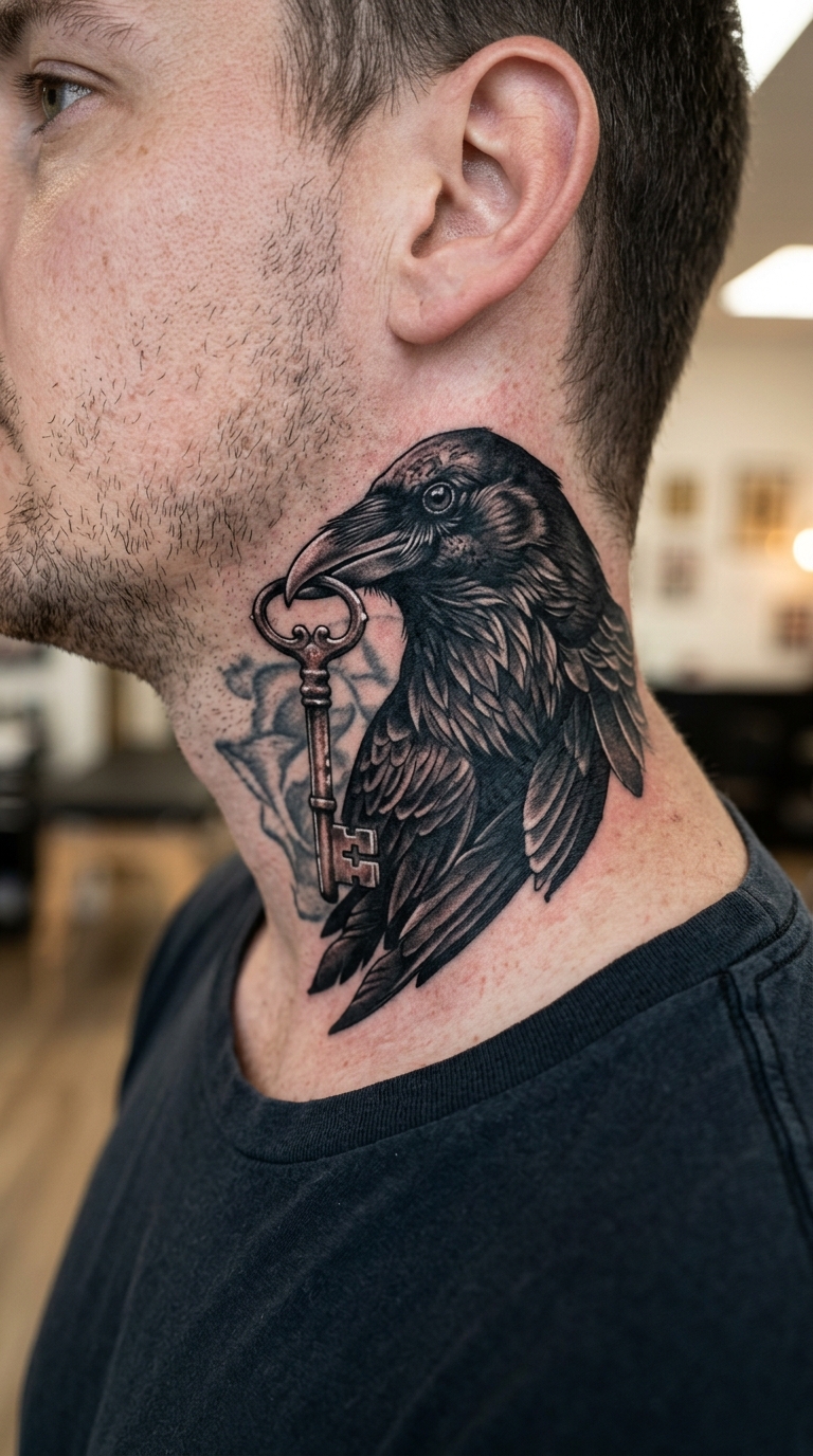 Rabe mit altem Schlüssel als Cover up Tattoo am Hals