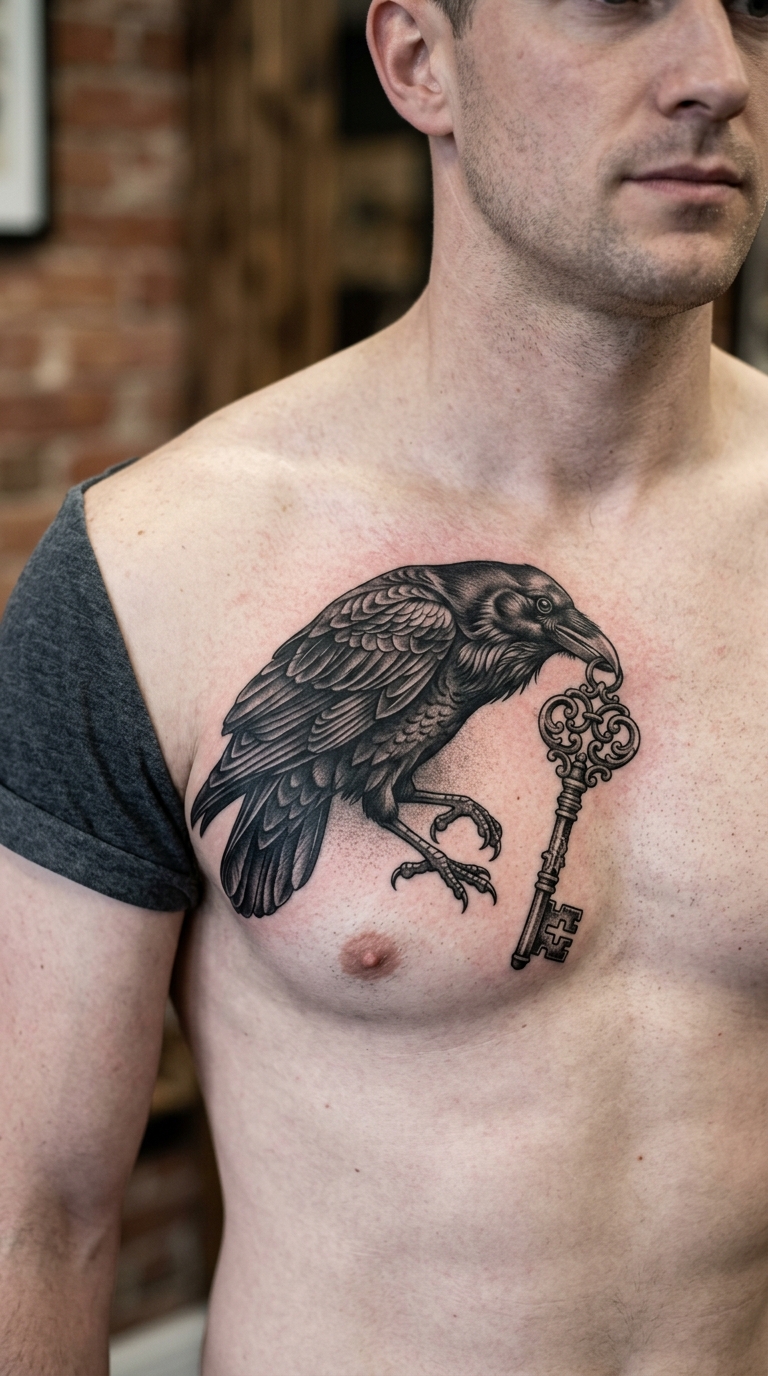 Rabe mit altem Schlüssel als Tattoo Vorlage für Brust & Oberkörper