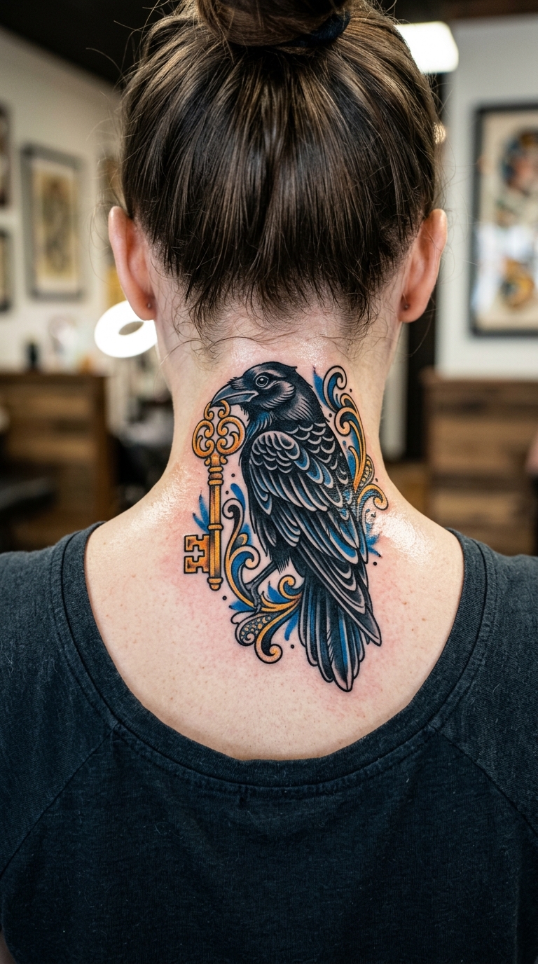 Rabe mit goldenem Schlüssel als Oldschool und Newschool Tattoo für den Nacken