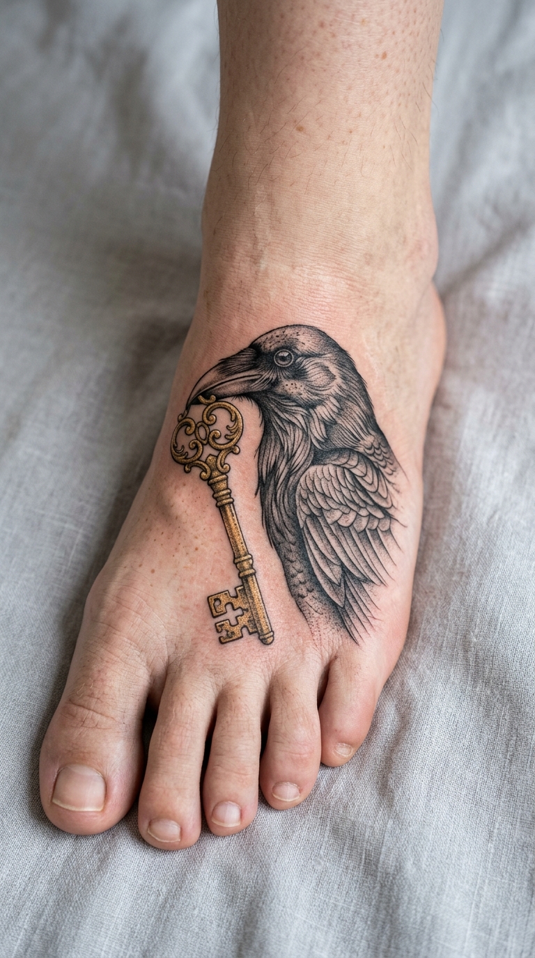Rabe mit goldenem Schlüssel als Tattoo Idee für den Fuß
