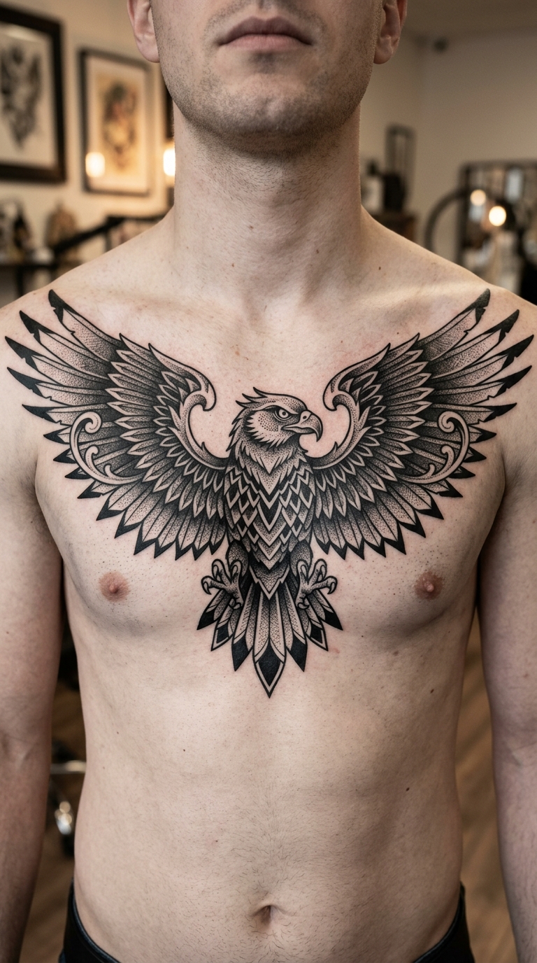Roc Vogel als Blackwork Tattoo für Brust & Oberkörper