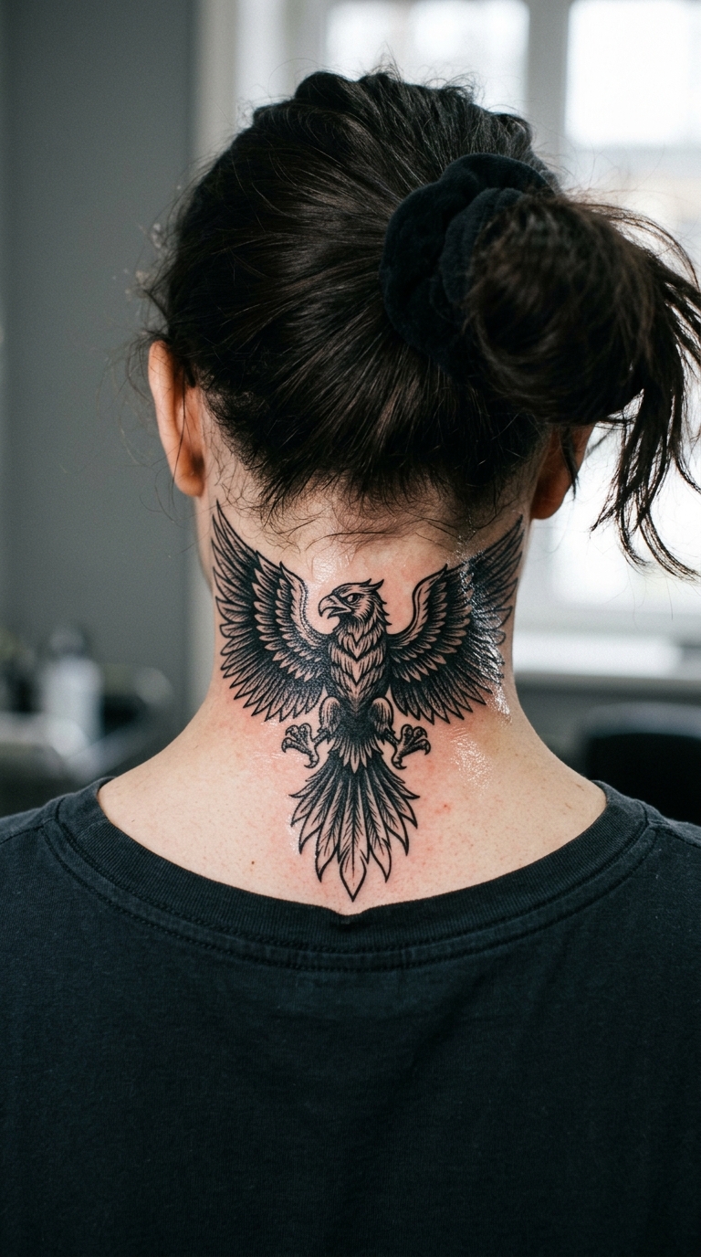 Roc Vogel als Blackwork Tattoo für den Nacken