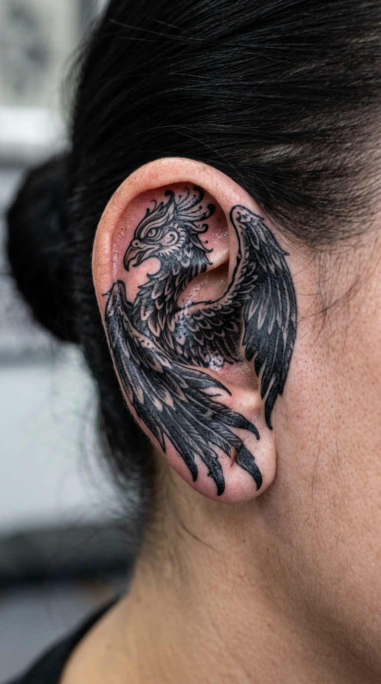 Roc Vogel als Cover up Tattoo für das Ohr