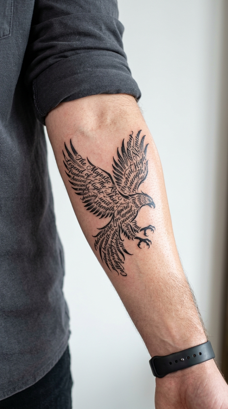 Roc Vogel als kunstvolles Schrift Tattoo für den Arm