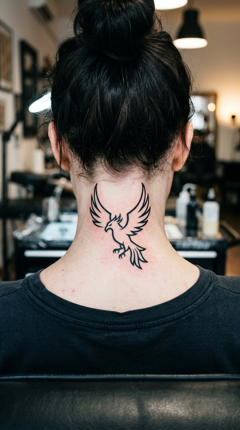 Roc Vogel als minimalistisches Zeichen Tattoo für den Nacken