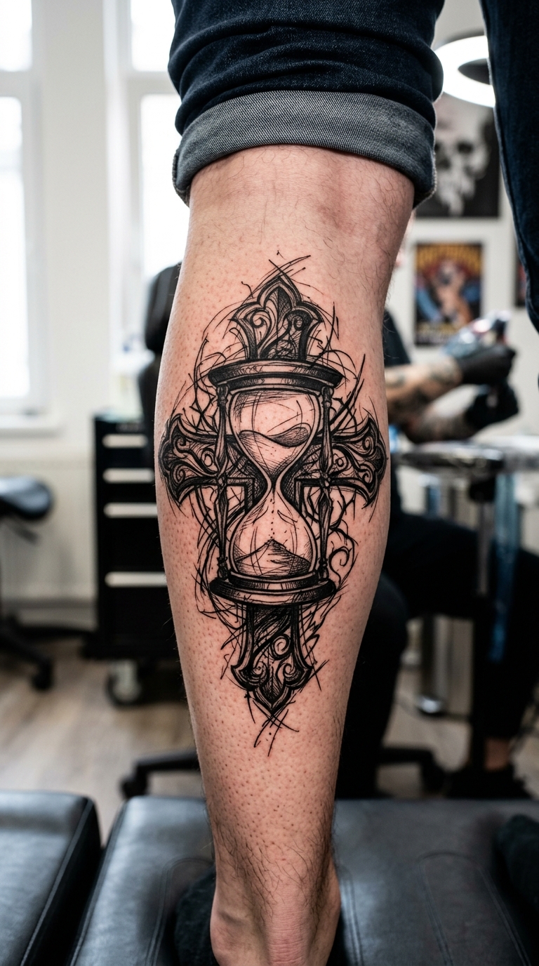 Sanduhr als kreuz und quer Tattoo auf dem Bein